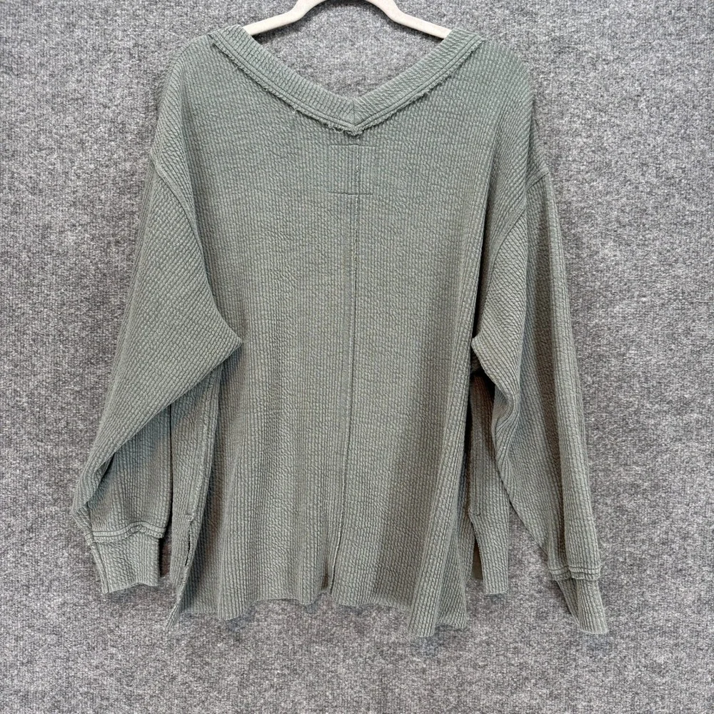 Aerie Sweater Womens XS Green Waffle Knit V-Neck Oversized Thermal Sweatshirt